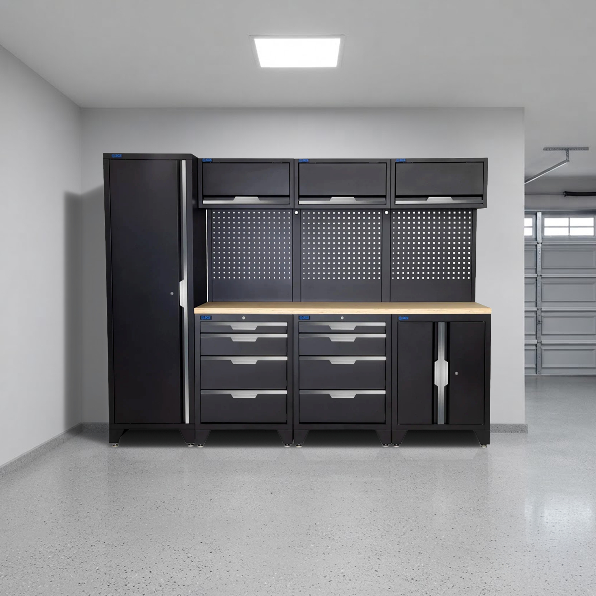SGS 10pc Modular Garage Storage | 8 Drawers | Plywood Worktop | Tall Single Cabinet | Floor Cabinet | 3x Upper Cabinets